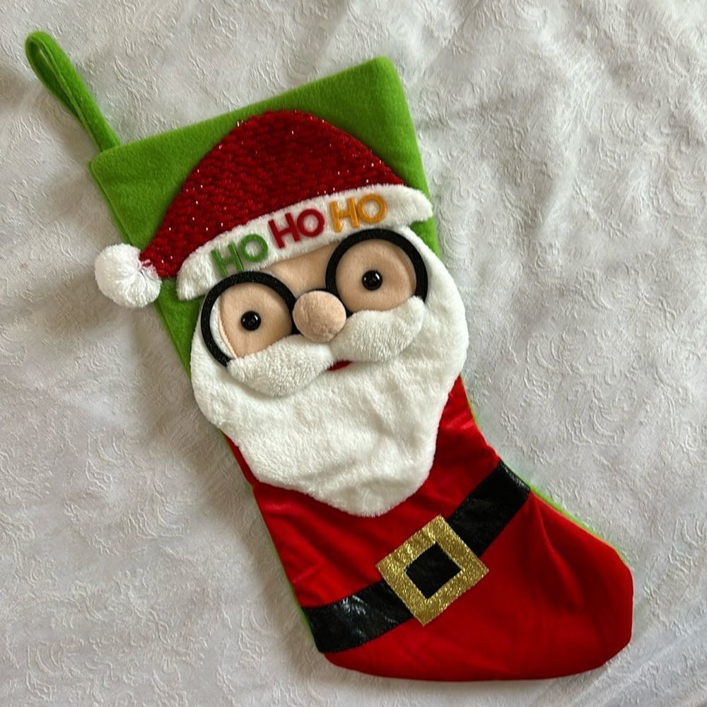Christmas Stocking Red and Green with Santa Belt HoHoHo Lined Hanger